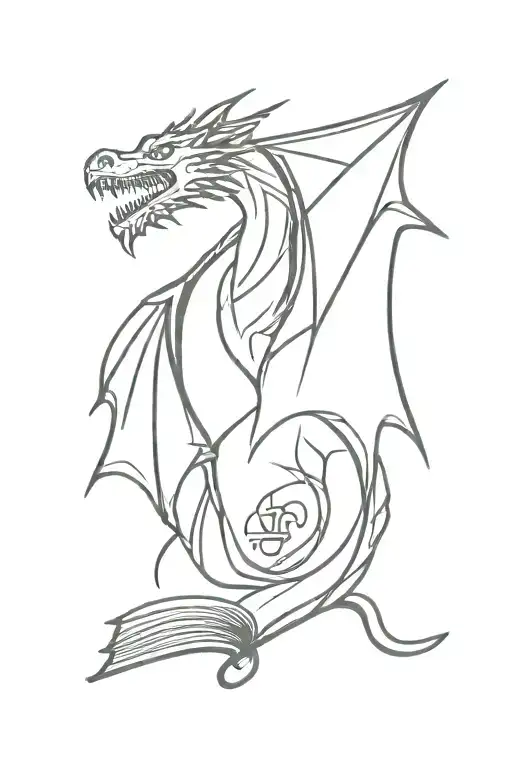 A minimalist tattoo of a dragon silhouette inspired by Dungeons and Dragons breathing fire onto a stack of books representing favorite movies and books tattoo design idea