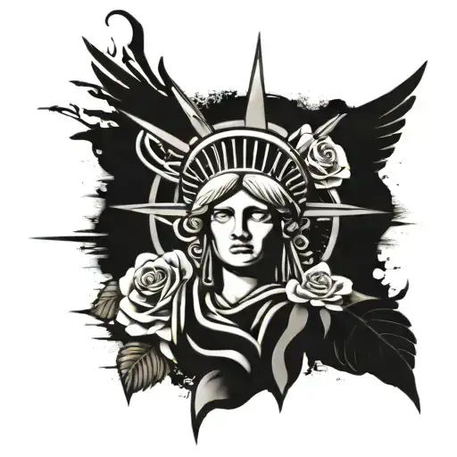 tattoo on the right arm of angels, money, Jesus, family in lettering, the statue of liberty, roses, a female eye  tattoo design idea