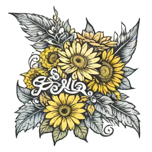 Yellow Gerbera daisy bouquet with the words "Sahlo Folina" tattoo design idea