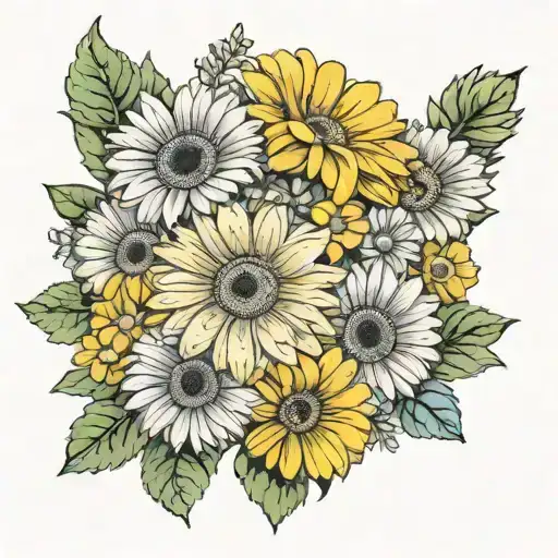 Yellow Gerbera daisy bouquet with the words "Sahlo Folina" tattoo design idea