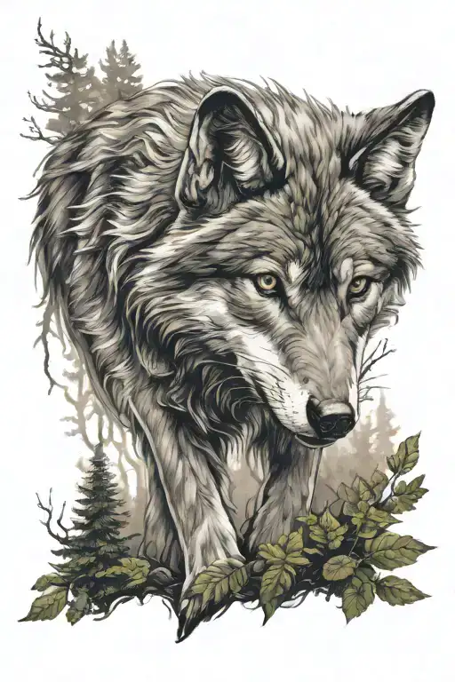 Wolf protektin small child in the forest landscape tattoo design idea