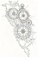 map with landmarks compass tie and a clock tattoo design idea