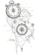 map with landmarks compass tie and a clock tattoo design idea