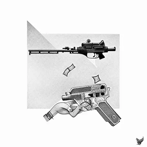 gun with dollars tattoo design idea