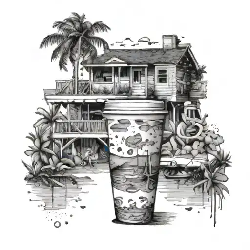 A playful design of your kids playing in the Florida Keys, with a subtle coffee cup hidden in the background tattoo design idea