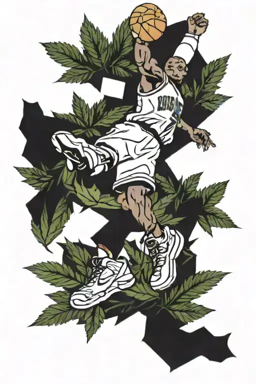 Michael Jordan's iconic jumpman pose surrounded by marijuana leaves tattoo design idea