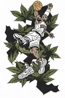 Michael Jordan's iconic jumpman pose surrounded by marijuana leaves tattoo design idea