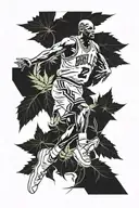 Michael Jordan's iconic jumpman pose surrounded by marijuana leaves tattoo design idea
