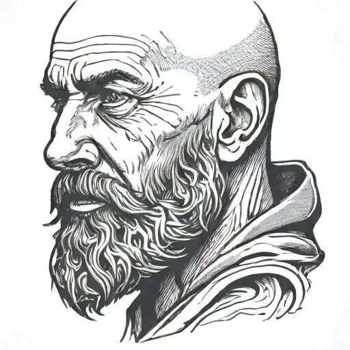 Bald man, long beard, scars, headshot, facing camera tattoo design idea