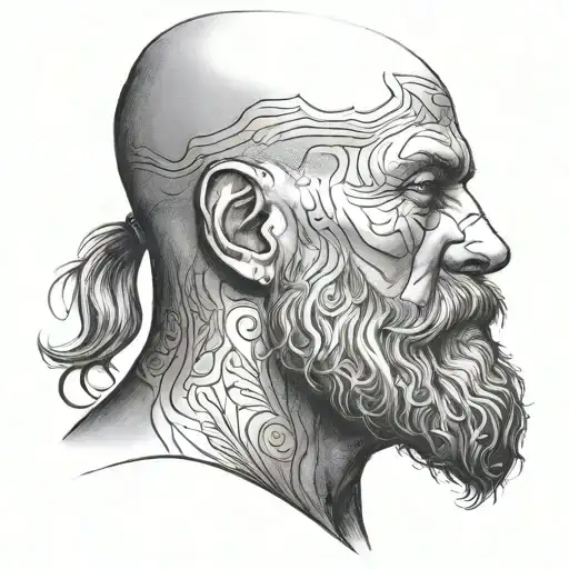 Bald man, long beard, scars, headshot  tattoo design idea