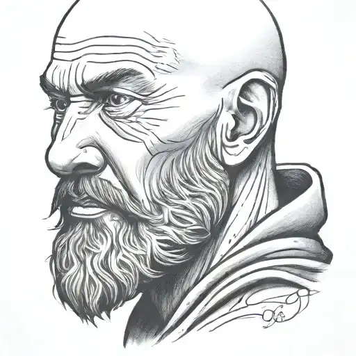 Bald man, long beard, scars, headshot, facing camera, samurai tattoo design idea