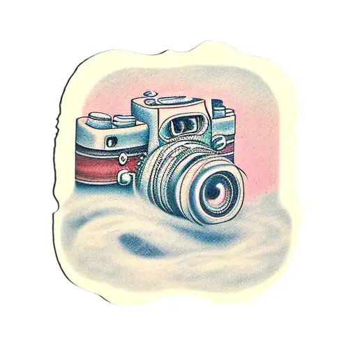 camera, filmstrip, whippet, mountains tattoo design idea