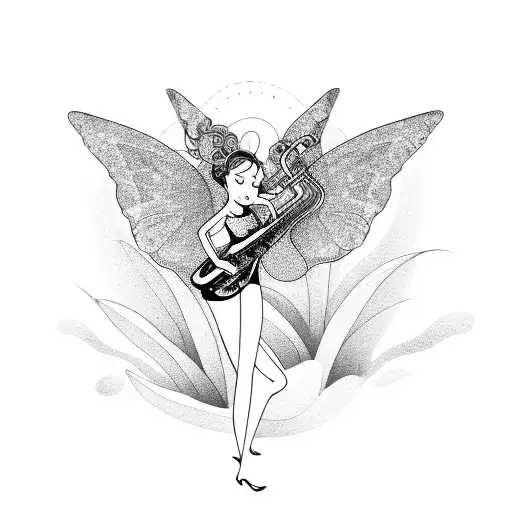 A girl with butterfly wings playing a saxophone on a beach in Bali tattoo design idea