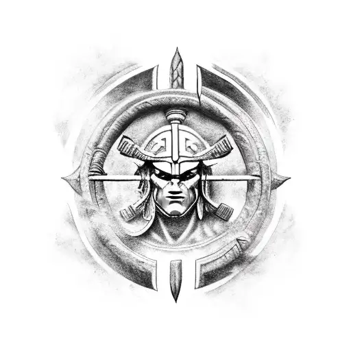 A blackwork tattoo of a spartan warrior wielding a mythical weapon from mythology tattoo design idea