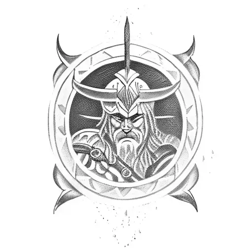 A blackwork tattoo of a spartan warrior wielding a mythical weapon from mythology tattoo design idea
