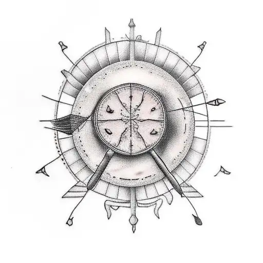 micro realism tattoo that includes crossbow arrows and an orange (fruit). i want the tattoo to be in black and white.  tattoo design idea