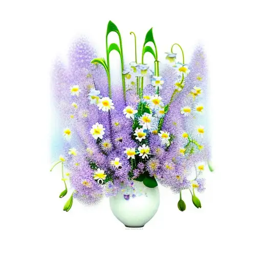 flower vase of violets, lily of the valley, daisy, buttercup, cosmo, and lavender tattoo design idea