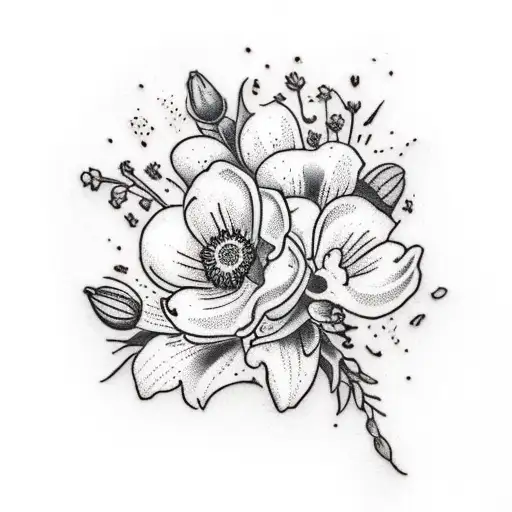 flower bundle of violets, lily of the valley, daisy, buttercup, cosmo, and lavender tattoo design idea