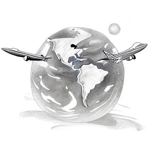 planet earth with plane tattoo design idea