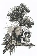 mountain, tree growing from skull tattoo design idea