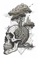 mountain, tree growing from skull tattoo design idea