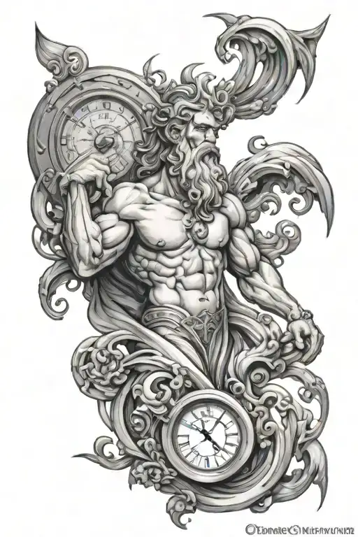 Zeus surrounded by flowing time piece tattoo design idea