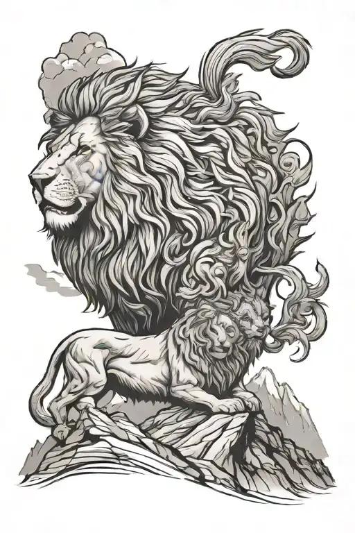 lion and a dog standing on top of a mountain, symbolizing loyalty and strenght tattoo design idea