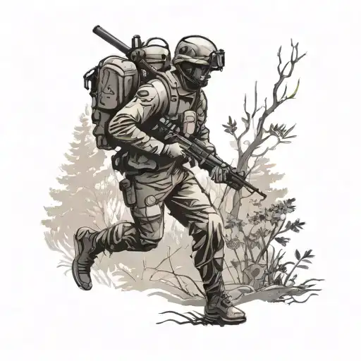 A silhouette of a soldier running through a forest  tattoo design idea