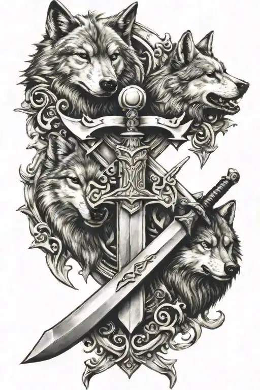 Family Crest with sword, axe, and 2 wolves  tattoo design idea