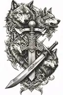 Family Crest with sword, axe, and 2 wolves  tattoo design idea
