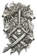 Family Crest with sword, axe, and 2 wolves  tattoo design idea