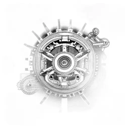 An intricate train engine with gears and cogs, surrounded by playful monkeys tattoo design idea