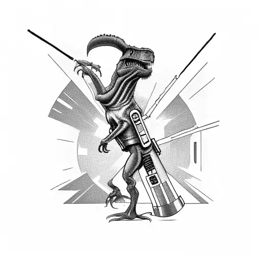 t-rex with a mullet and a lightsaber on a skateboard tattoo design idea