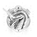 dinosaurus with a mullet and a lightsaber on a skateboard tattoo design idea