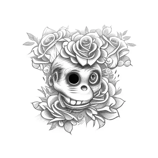 sock monkey peaking up out of a bunch of roses with the year 1940 on it tattoo design idea