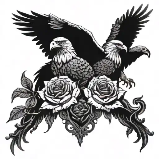 two-headed menacing eagle in Gothic style with black roses tattoo design idea