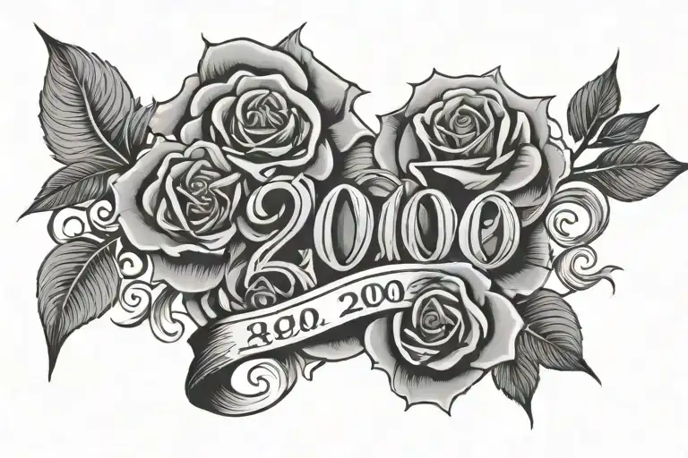 2000 in gothic text with roses background ina rectangle tattoo design idea