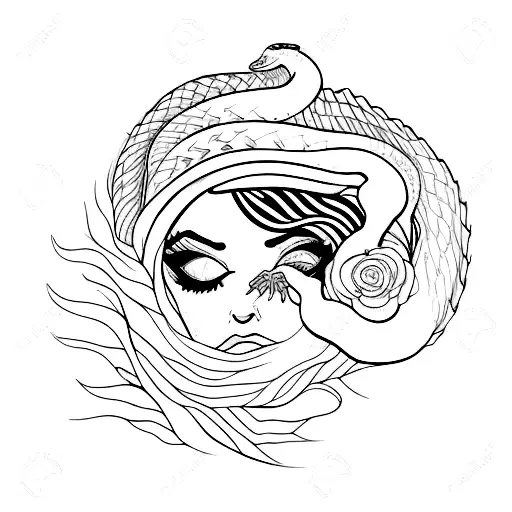 words "femme fatale" and a snake going through it tattoo design idea