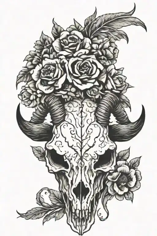goat skull flowers tattoo design idea
