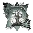 Diamonds in the trees. Pentagrams in the night sky. tattoo design idea