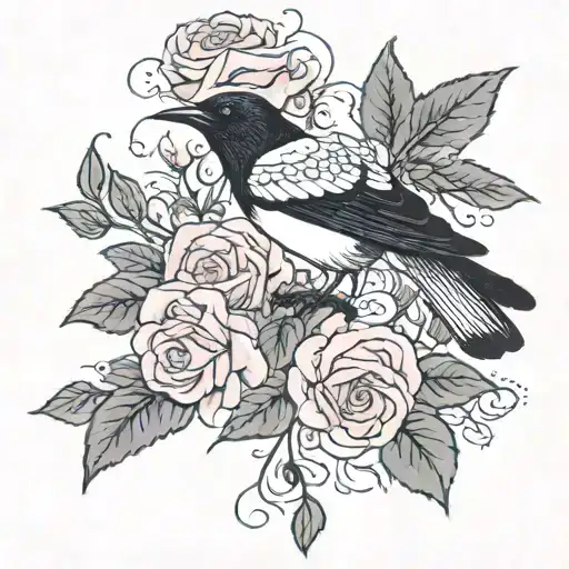A magpie, a bunch of grapes, a pink rose. tattoo design idea