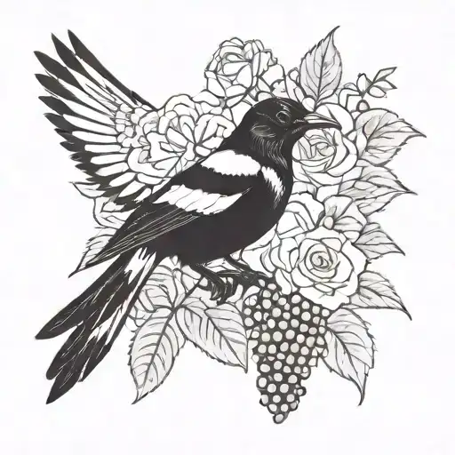 A magpie, a bunch of grapes, a pink rose. tattoo design idea