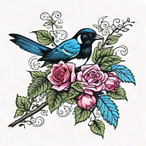 A magpie, a bunch of grapes, a pink rose. tattoo design idea