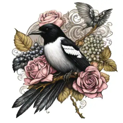 A magpie, a bunch of grapes, a pink rose. tattoo design idea