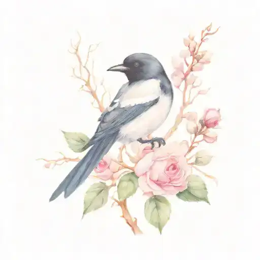 A magpie, a bunch of grapes, a pink rose. tattoo design idea