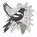 A magpie, a bunch of grapes, a pink rose. tattoo design idea