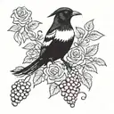 A magpie, a bunch of grapes, a pink rose. tattoo design idea
