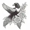 A magpie, a bunch of grapes, a pink rose. tattoo design idea