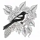 A magpie, a bunch of grapes, a pink rose. tattoo design idea