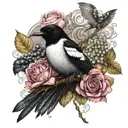 A magpie, a bunch of grapes, a pink rose. tattoo design idea